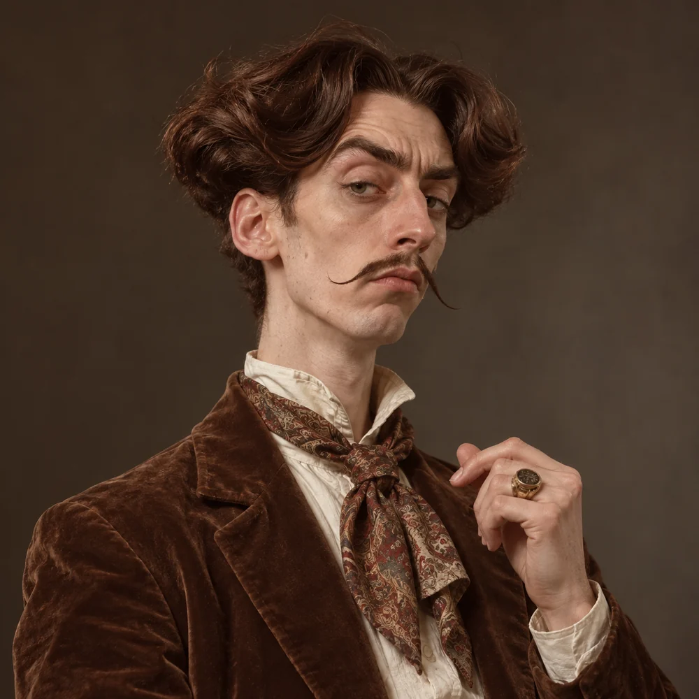 Sebastian Vale in a brown velvet jacket and patterned silk scarf, with a curled moustache and signet ring